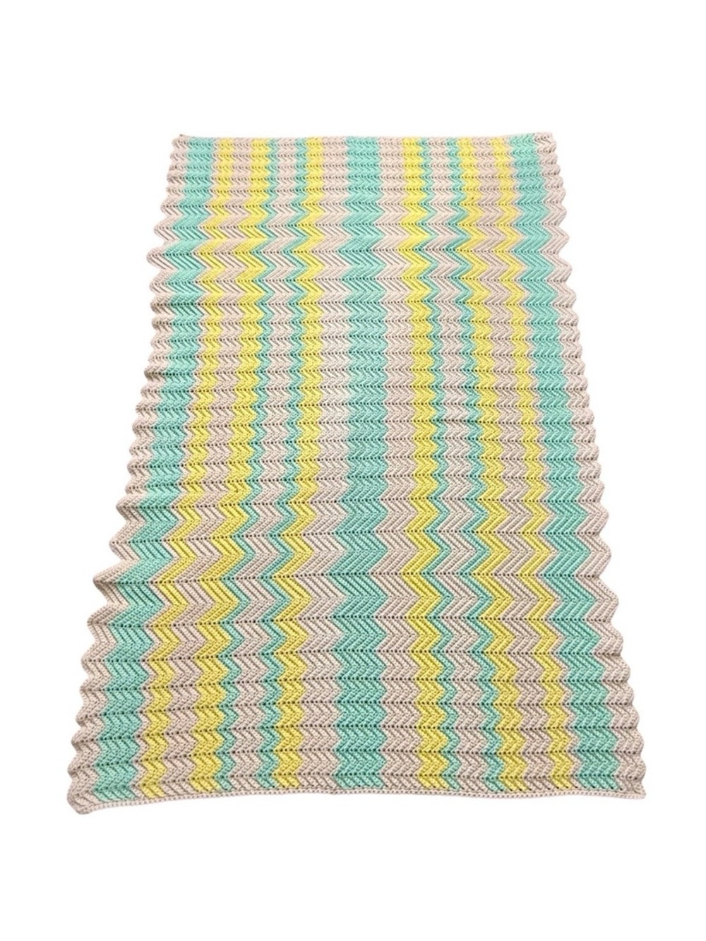 Handmade Ripple Crochet Afghan Throw Blanket Green Yellow Cottagecore Vintage